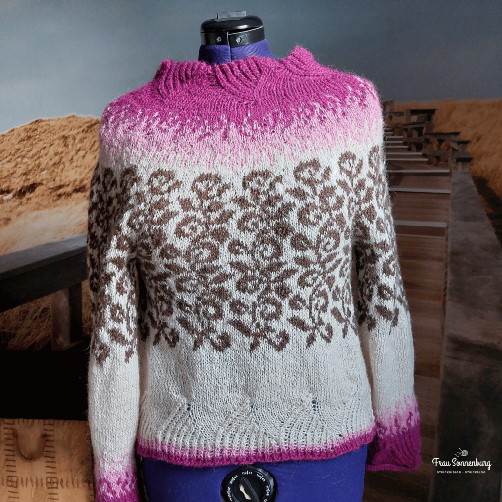 Pink im Februar - Pullover Deike von Shiona Rizza aus isländischer Schurwolle in naturweiß, rosa, pink und braun