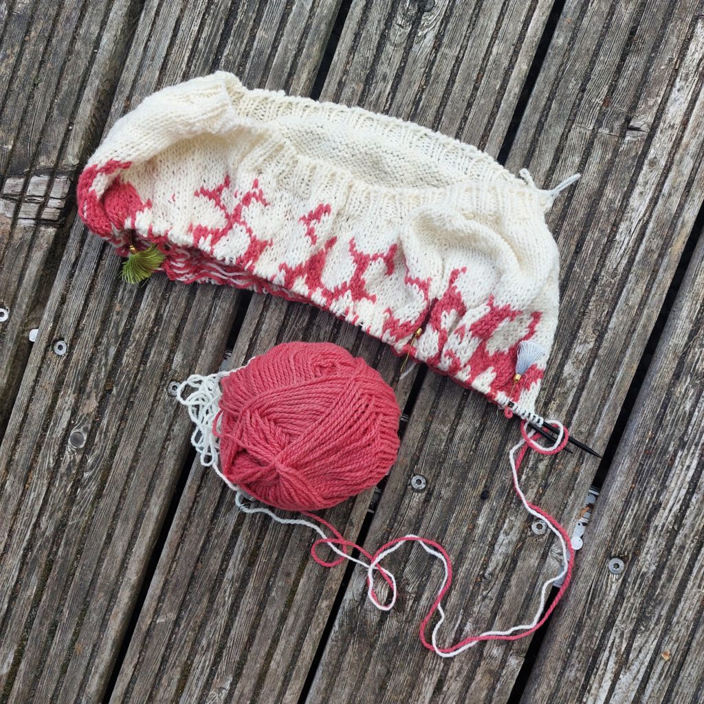 Drawing Sweater - Mährlewolle Bodenseeschaf - Pullover mit Blütenmuster in weiß und rosa - Auf den Nadeln im Mai